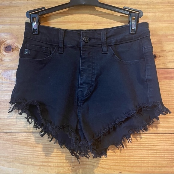 Kancan Black Stretchy Raw Hem High Rise Denim Jean Shorts 3 25 - Picture 1 of 9